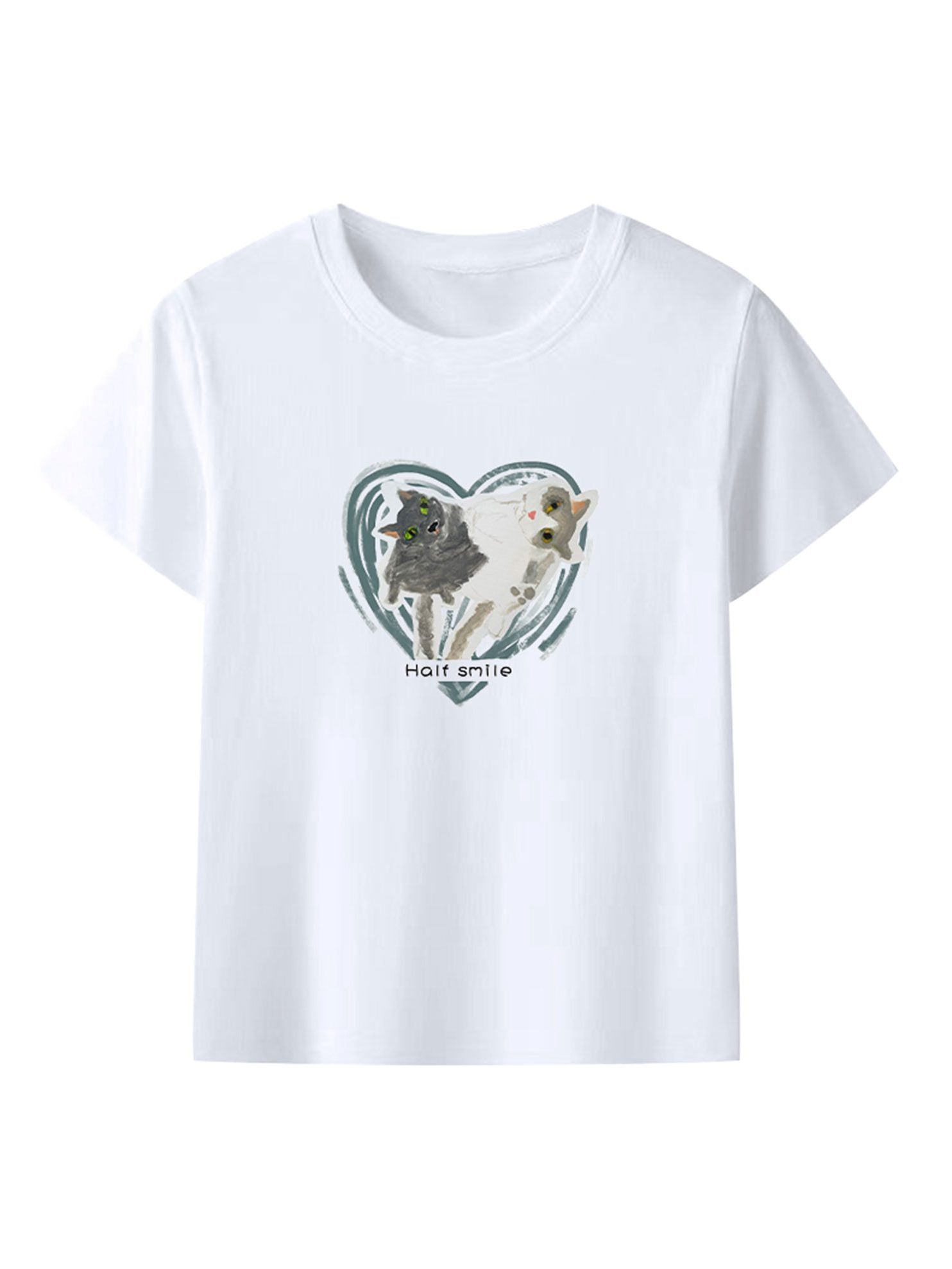 Cat Print White Crewneck T-Shirt